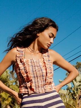 NEW Peach Plaid ANTHROPOLOGIE VERB Singhee Ruffled Smocked Crop Tank Top M NWT